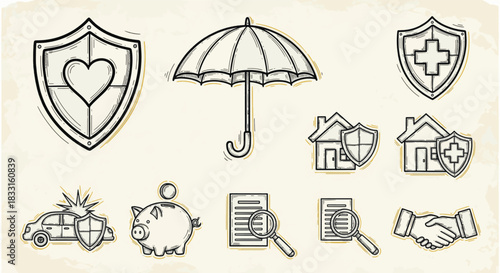 Collection of Hand-Drawn Insurance and Financial Security Icons, Including Shield, Umbrella, Car, Piggy Bank, and Handshake