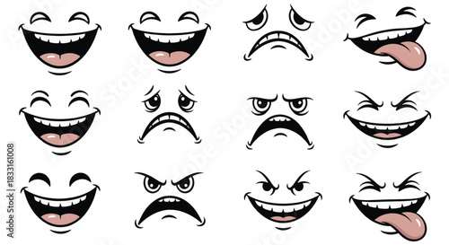 Collection of cartoon facial expressions displaying a range of emotions from happy to angry and sad