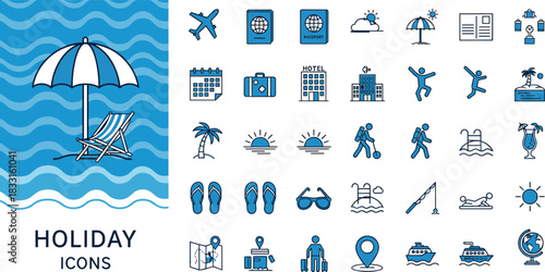 Holiday icons set, travel and vacation symbols, flat vector illustration for tourism, leisure, beach activities, and global adventures