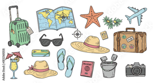 Travel Essentials Luggage, Map, and Beach Gear for Vacation