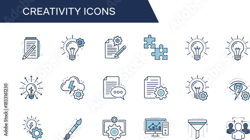 Creativity icons set, innovation and idea generation symbols, flat vector illustration for design thinking, teamwork, and problem-solving