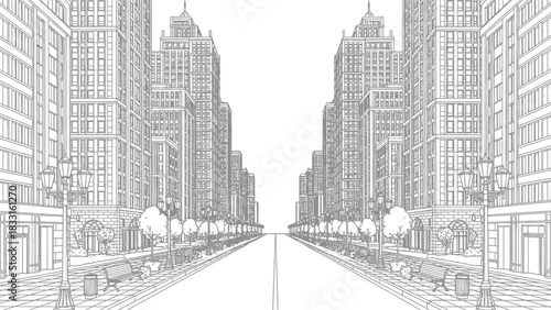 A detailed black and white architectural line drawing of a city street with a one-point perspective view.