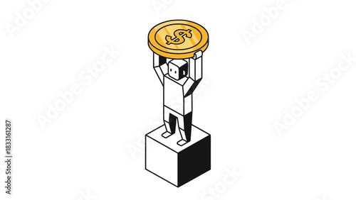 A stylized isometric illustration of a person standing on a block, holding a large golden dollar coin above their head, symbolizing financial success or achievement.