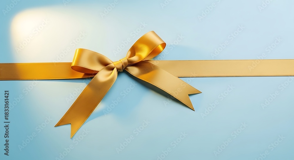 Fototapeta premium Elegant gold ribbon bow on light blue background for celebrations and gifting