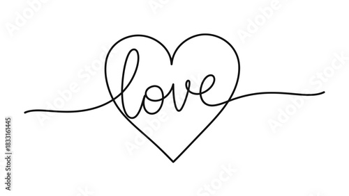 A minimalist line drawing of a heart shape with the word "love" elegantly inscribed within.