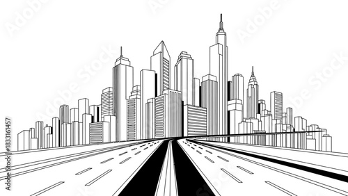 Black and white architectural line drawing of a modern city skyline with a highway leading into the metropolis.