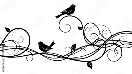 A decorative black and white illustration featuring two silhouette birds perched on swirling vines with leaves.