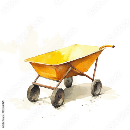 A painting of a yellow garden wheelbarrow design set. Hand-painted style, vectorized, vector set available in EPS An Elegant watercolor painting design collection