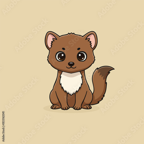 Cute pine marten sitting with bright eyes and a fluffy tail. Adorable woodland animal cartoon illustration perfect for kids books, stickers, nursery decor, educational materials, and character design.