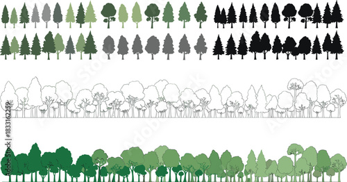 Forest tree silhouettes and outlines, nature landscape elements, green woodland illustration set, mixed tree styles, decorative vector foliage design collection