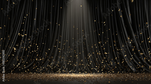 A spotlight shines down on a stage with golden confetti falling. The dark background creates a dramatic effect