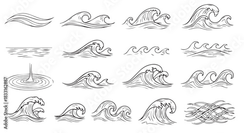 Stylized Sketches of Sea Waves A Collection of Vector Illustrations
