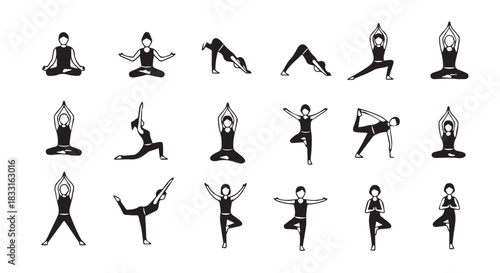 Diverse Yoga Poses Collection A Comprehensive Set of Silhouetted Figures Demonstrating Various Asanas for Wellness, Fitness, and Mindful Living Practices