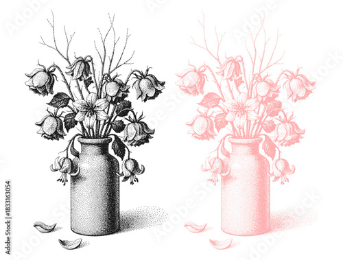 vase with wilted flowers in stipple halftone effect vintage illustration