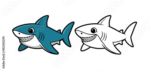 Two cartoon sharks, one blue and one outlined, with wide smiles and sharp teeth, displayed side-by-side on a white background.