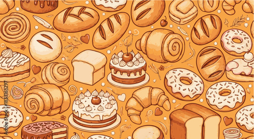 Hand-drawn vector illustration of a bakery pattern featuring an assortment of delicious breads, pastries, and cakes