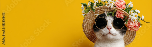 Stylish cat in floral hat and sunglasses on yellow background – wide summer banner for web or social media