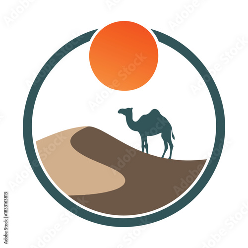 Silhouette camel on sand dune under orange sun within circle desert