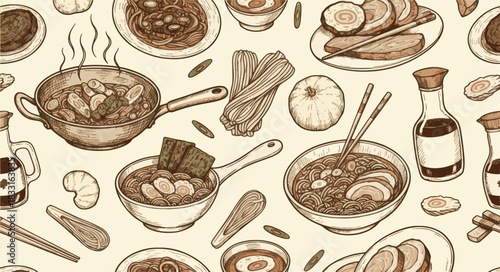 Hand-drawn seamless pattern of traditional Asian cuisine, featuring ramen noodles, dumplings, and soy sauce in a vintage sketch style