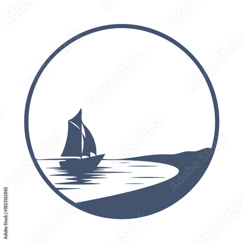 Silhouette of a sailboat on water within a circle frame ocean