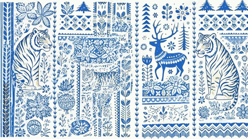 An intricate blue and white pattern featuring tigers, deer, floral elements, and geometric designs artfully arranged