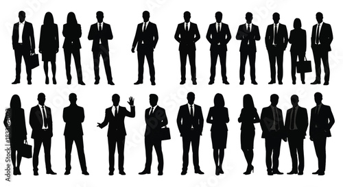 Diverse collection of business people silhouettes, featuring professionals in various poses. Ideal for representing corporate teams, workforce dynamics, and success in modern graphic design