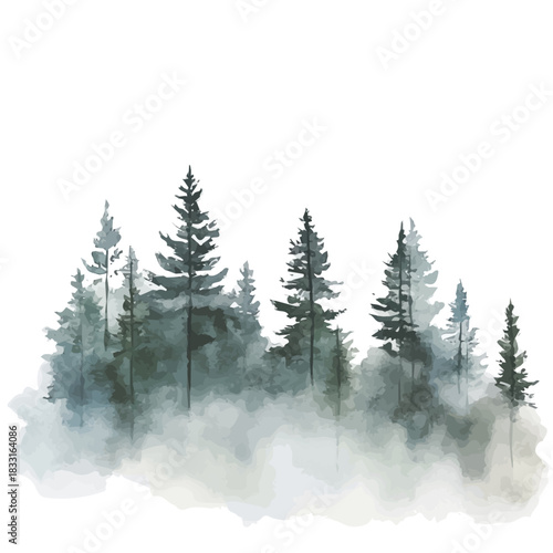 Watercolor_style_painting_of_hand_painted_forest. Hand-painted style, vectorized, vector set available in EPS An Elegant watercolor painting design collection, Winter tree