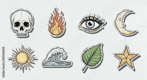 Collection of mystical symbols including a skull, sun, eye, moon, wave, leaf, fire, and star