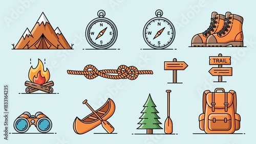 Illustration showing camping equipment including a tent compass rope boots and other outdoor gear items