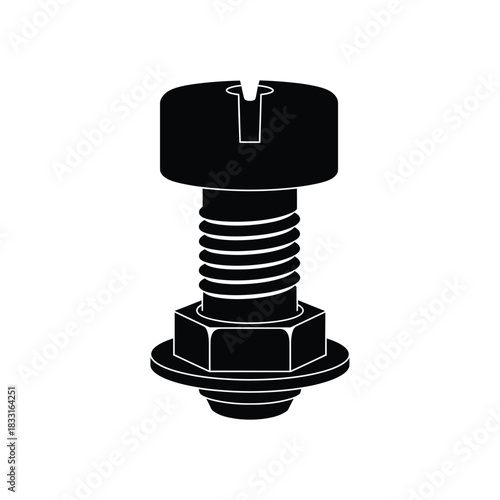 Black silhouette of a screw with nut and washer bolt