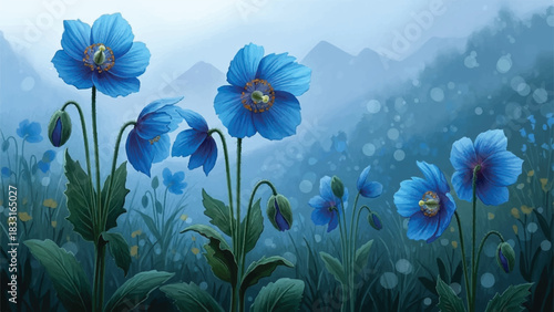 Mystical Himalayan Blue Poppy Field Illustration
