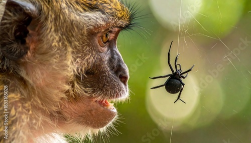 Curious monkey looking at a black spider hanging in a web against a bright, out-of-focus green and white background
