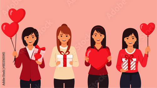 Flat vector illustration of four women wearing bright clothes posing cheerfully while holding gifts and heart balloons, pastel pink background, ideal for Valentine's marketing or seasonal promotions.