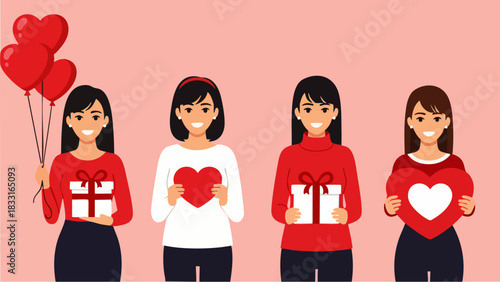 Flat vector illustration of four women wearing bright clothes posing cheerfully while holding gifts and heart balloons, pastel pink background, ideal for Valentine's marketing or seasonal promotions.