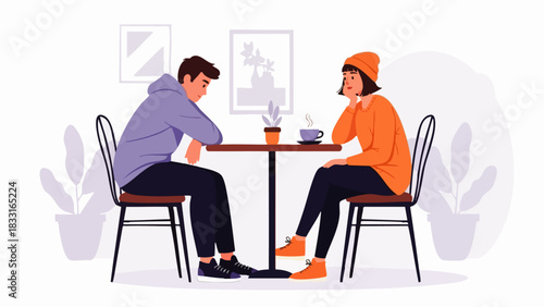 Flat vector illustration A man and a woman sitting at a round table facing each other, gesturing and listening with serious expressions, engaged in a deep conversation.