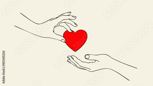 Line art drawing of one hand giving a red heart to another. Symbolizing love, caring, and generosity. Suitable for themes related to relationships, charity, and Valentine's Day.