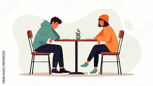Flat vector illustration A man and a woman sitting at a round table facing each other, gesturing and listening with serious expressions, engaged in a deep conversation.