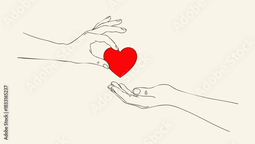 Line art drawing of one hand giving a red heart to another. Symbolizing love, caring, and generosity. Suitable for themes related to relationships, charity, and Valentine's Day.