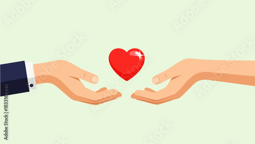 Flat vector of two hands exchanging a shiny red heart symbol, symbolizing love and attachment on a neutral pastel background.