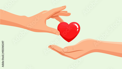 Flat vector of two hands exchanging a shiny red heart symbol, symbolizing love and attachment on a neutral pastel background.