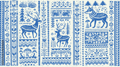 Blue and white folk art pattern featuring deer, wolf, trees, flowers, and geometric designs in vertical bands