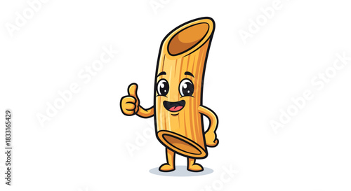 Cheerful penne pasta cartoon character giving a thumbs up with a happy expression