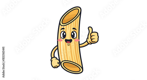 Cheerful penne pasta mascot cartoon character giving a thumbs up on a white background