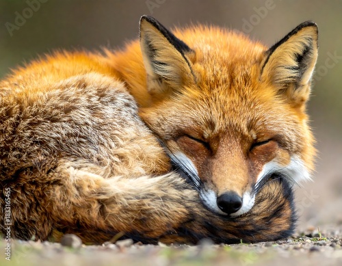 Curled-up red fox sleeping peacefully on the ground. Soft, orange fur is detailed