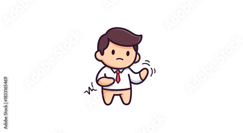 Chibi businessman shivering, showcasing nervousness and uncertainty on stark white backdrop