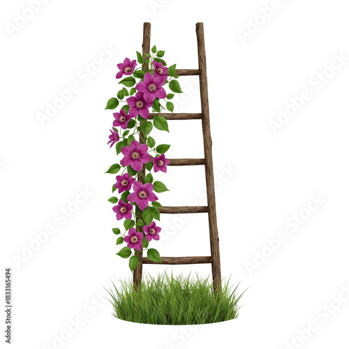 Rustic wooden ladder embraced by vibrant blooms and nestled in verdant grass against black backdrop