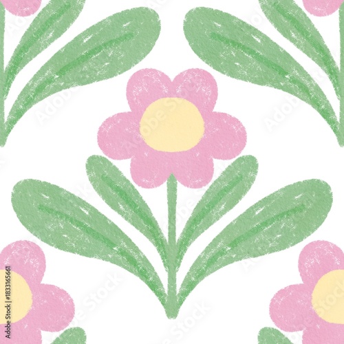 Pastel pink spring flowers with soft green leaves in a seamless floral pattern