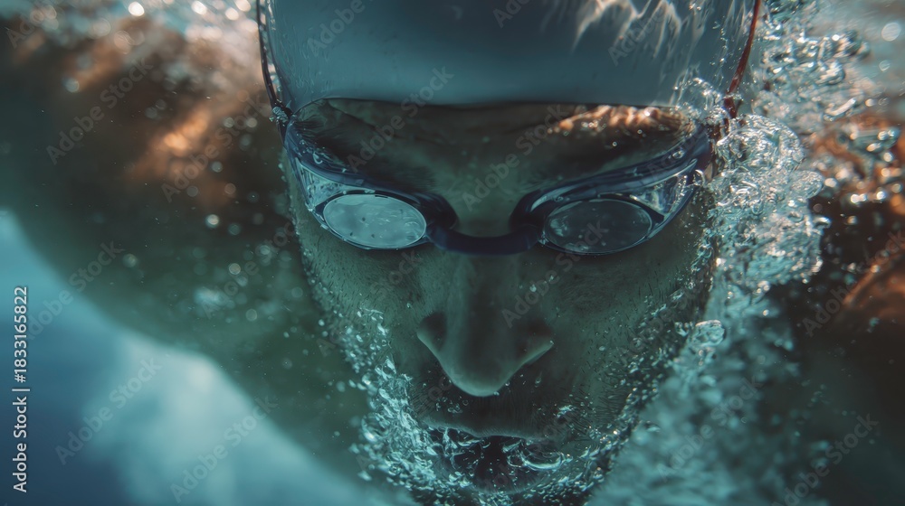 Fototapeta premium Underwater Swimmer Gliding Forward with Intense Focus and Splash Motion