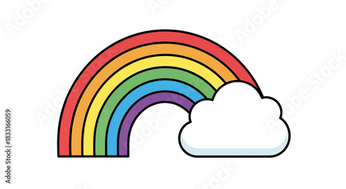 Colorful rainbow illustration with fluffy cloud on white background evokes joy and positivity