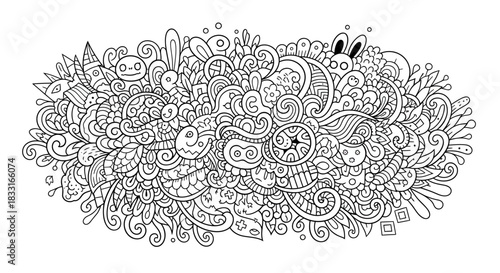 Complex line art illustration featuring doodle style with organic shapes and whimsical elements